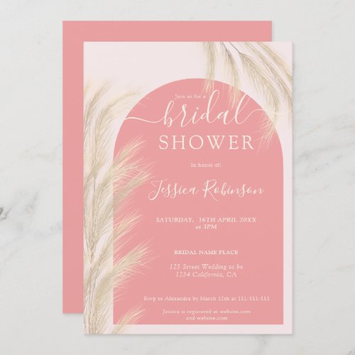 Chic pink pampas grass watercolor bridal shower invitation