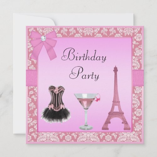 Chic Pink Paris Damask Corset Birthday Party Invitations