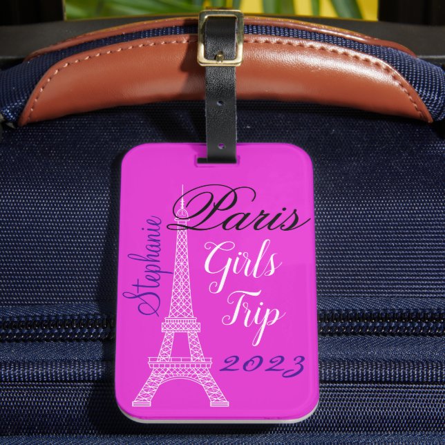 Chic Pink Paris Eiffel Tower Girls Trip Luggage Tag (Front Insitu 2)