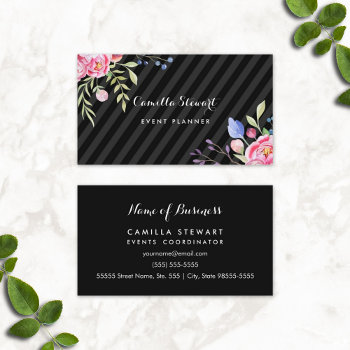 Chic Pink Peonies Floral Stripes Event Planner Business Card by GirlyBusinessCards at Zazzle
