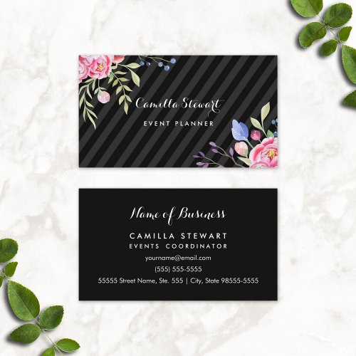 Chic Pink Peonies Floral Stripes Event Planner Business Card