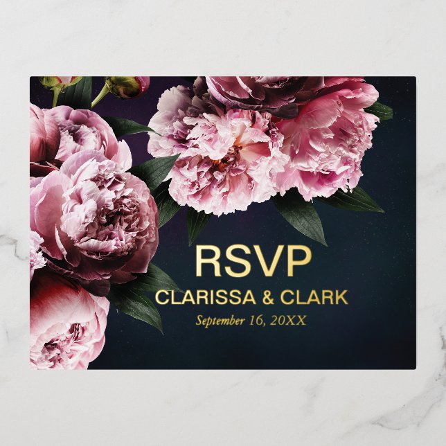 Chic Pink Peonies Foil RSVP Wedding Postcard (Front)