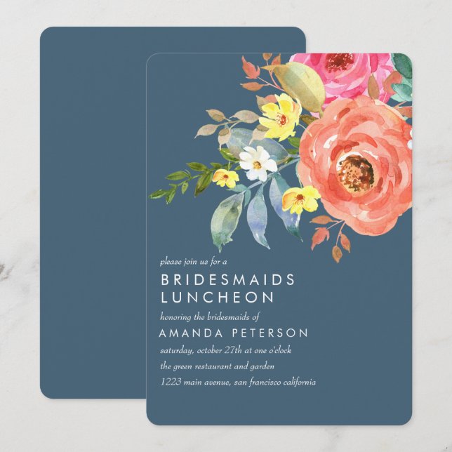 Chic Pink Peony Bridesmaids Luncheon Blue Wedding Invitation (Front/Back)