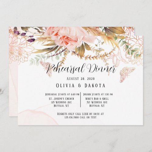 Chic Pink Peony Butterfly Rehearsal Dinner Invitation