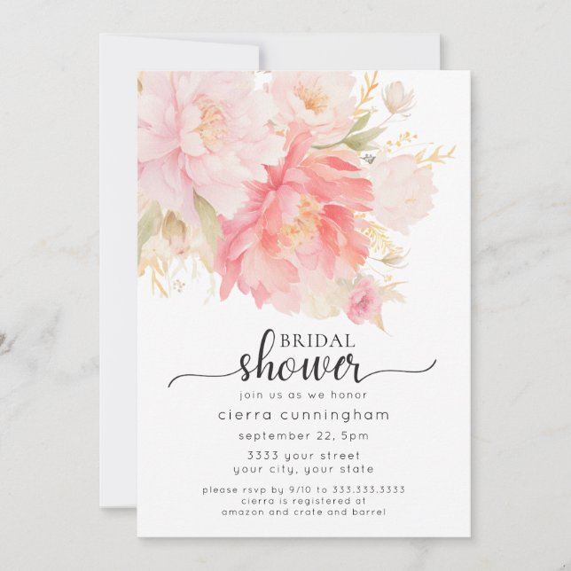 Chic Pink Peony Floral Bridal Shower Invitation (Front)