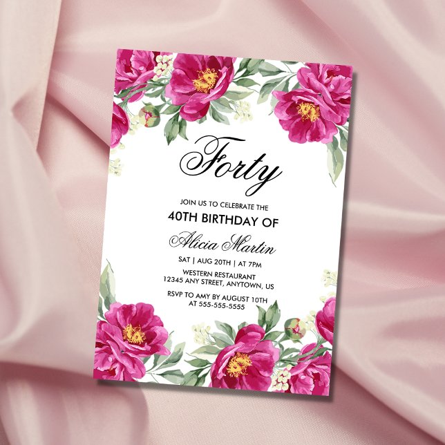 Chic Pink Peony Floral Greenery 40th Birthday  Invitation (Creator Uploaded)