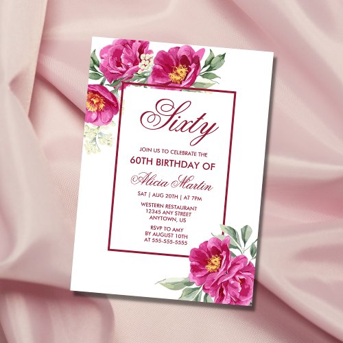 Chic Pink Peony Floral Greenery 60th Birthday  Invitation