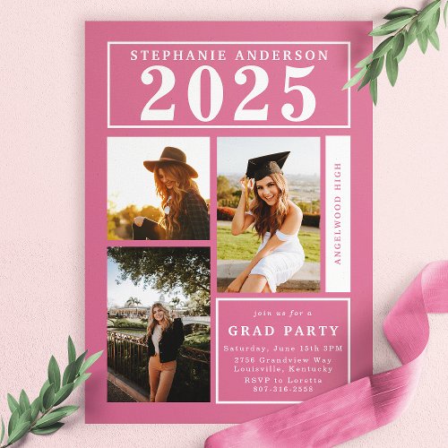 Chic Pink Photo Collage Graduation Party Invitation