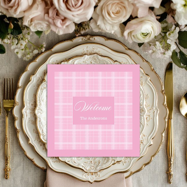 Chic Pink Plaid Napkins Personalized Table Decor (Chic Pink Plaid Napkins Personalized Table Decor)