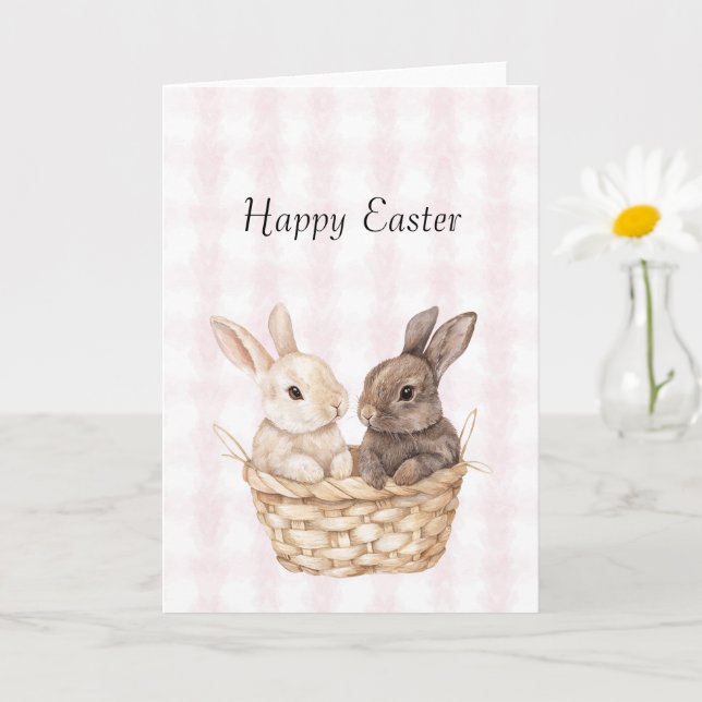 Chic Pink Plaid Stripes Bunnies in a basket Easter Card (Small Plant)