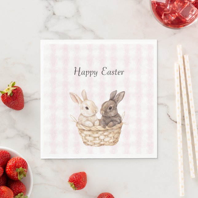 Chic Pink Plaid Stripes Bunnies in a basket Easter Napkins (Insitu)