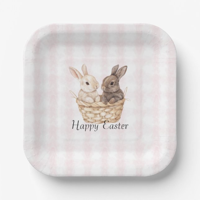 Chic Pink Plaid Stripes Bunnies in a basket Easter Paper Plates (Front)