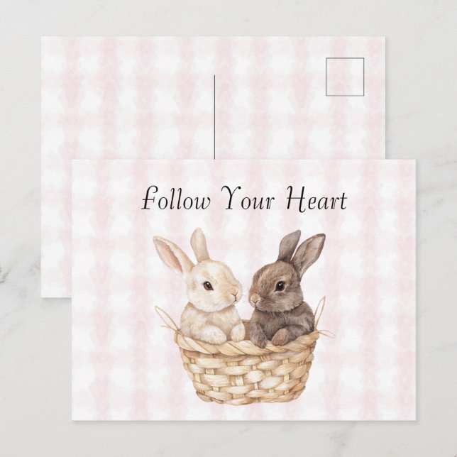 Chic Pink Plaid Stripes Bunnies in a basket Easter Postcard (Front/Back)