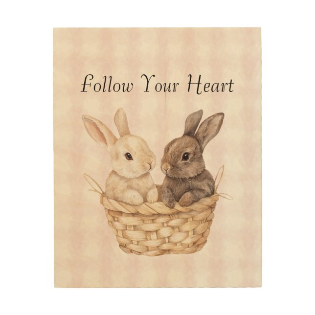 Chic Pink Plaid Stripes Bunnies in a basket Easter Wood Wall Art (Front)