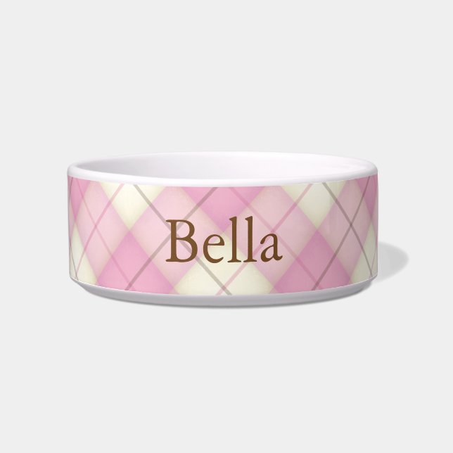 Chic Pink Plaid Tartan Personalized Cat or Dog Bow Bowl (Front)
