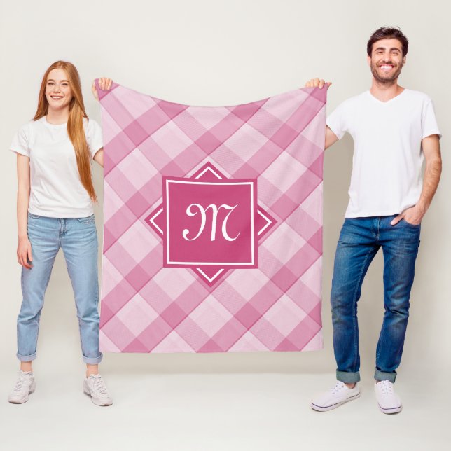 Chic Pink Plaid With Modern Diagonal Monogram Fleece Blanket (In Situ)