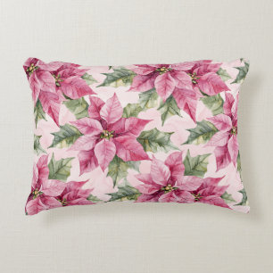Chic Pink Poinsettia Flowers Christmas Accent Pillow