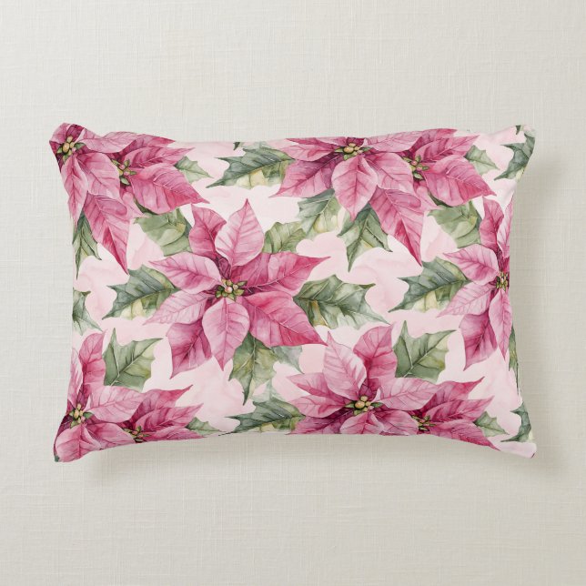 Chic Pink Poinsettia Flowers Christmas Accent Pillow (Front)