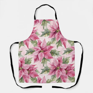 Chic Pink Poinsettia Flowers Christmas Apron