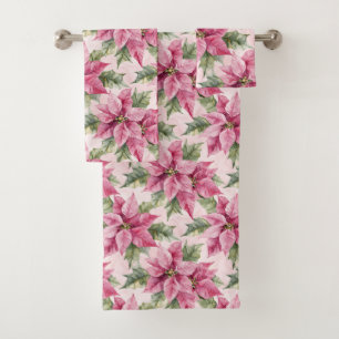 Chic Pink Poinsettia Flowers Christmas Bath Towel Set