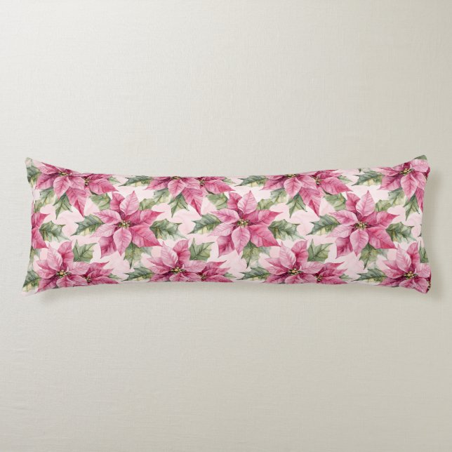 Chic Pink Poinsettia Flowers Christmas Body Pillow (Front)