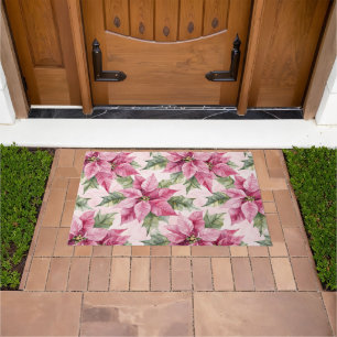 Chic Pink Poinsettia Flowers Christmas Doormat