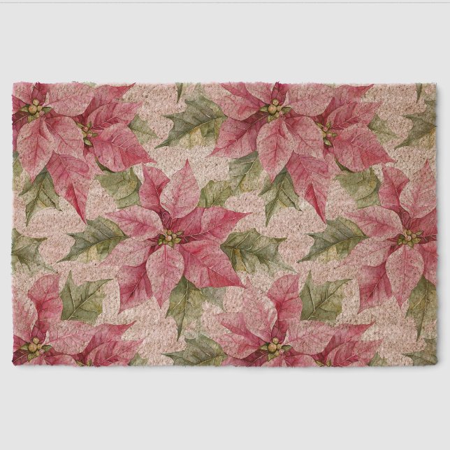 Chic Pink Poinsettia Flowers Christmas Fiber Doormat (Front)