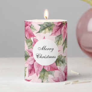 Chic Pink Poinsettia Flowers Christmas Pillar Candle