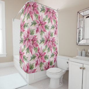 Chic Pink Poinsettia Flowers Christmas Shower Curtain