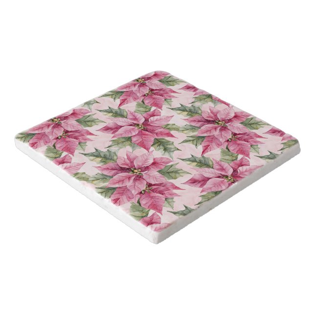 Chic Pink Poinsettia Flowers Christmas Trivet (Corner)