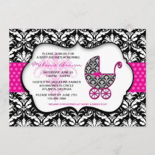 Chic Pink Polka Dot Damask Baby Shower Invite