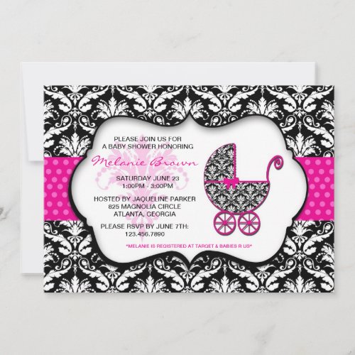 Chic Pink Polka Dot Damask Baby Shower Invite