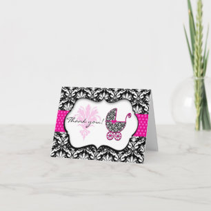 Chic Pink Polka Dot Damask Baby Shower Thank You Card