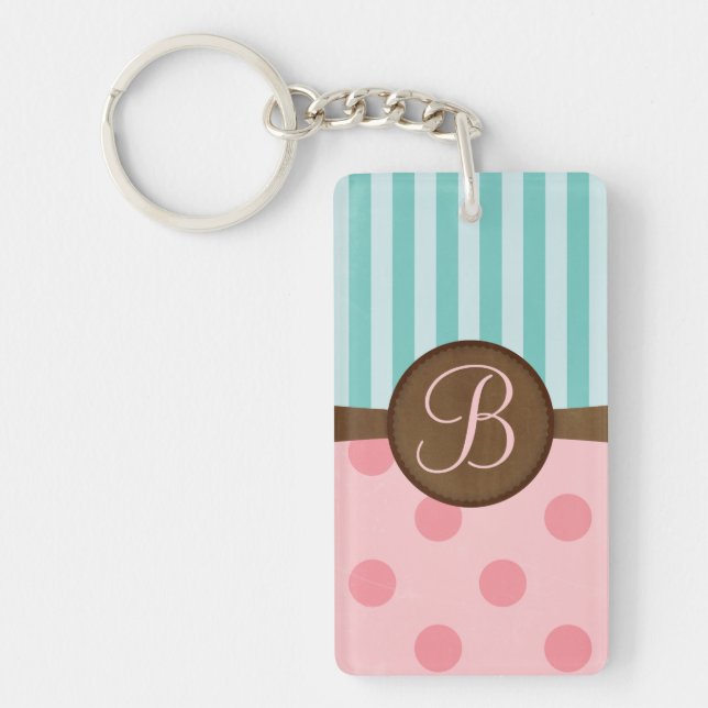 Chic pink polka dots teal stripes monogram keychain (Front)