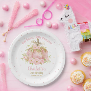 Chic Pink Pumpkin 1st Birthday Floral Girl Paper Plates