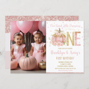 Chic Pink Pumpkin 1st Birthday Twin Girls Photo Invitation