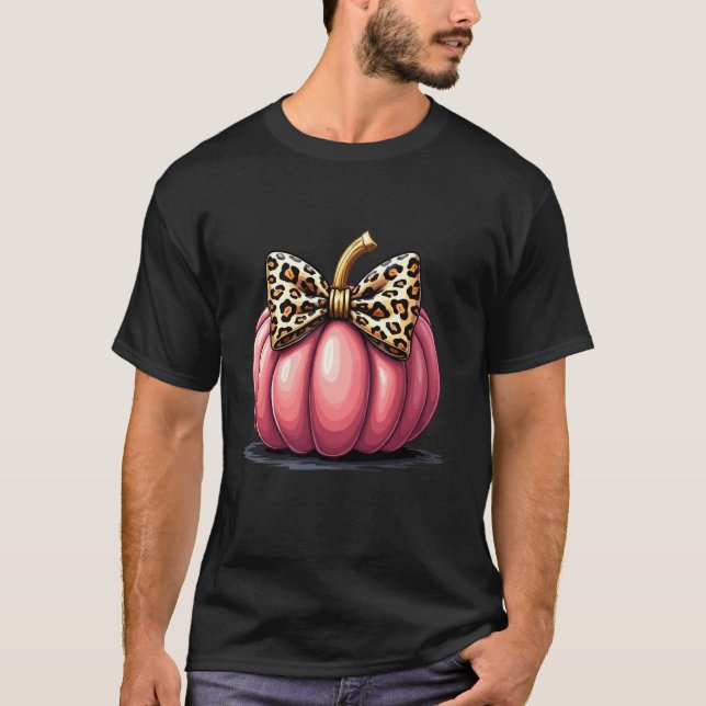 Chic Pink Pumpkin Coquette Leopard Bow Halloween G T-Shirt (Front)
