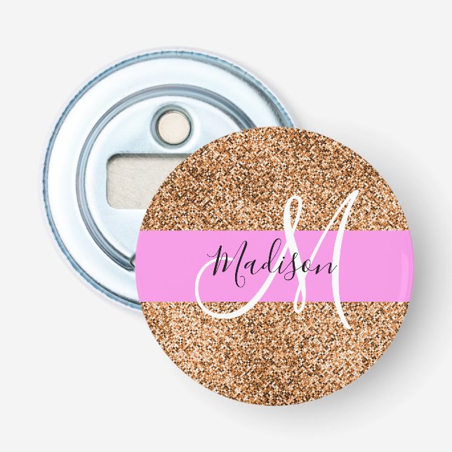 Chic Pink & Pumpkin Glitter Sparkles Monogram Name Bottle Opener (Front)