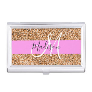 Chic Pink & Pumpkin Glitter Sparkles Monogram Name Business Card Case