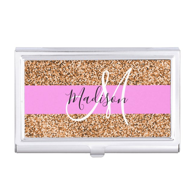 Chic Pink & Pumpkin Glitter Sparkles Monogram Name Business Card Case (Front)
