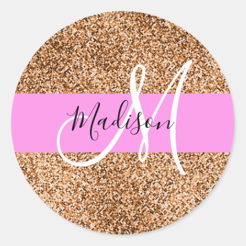 Chic Pink  Pumpkin Glitter Sparkles Monogram Name Classic Round Sticker