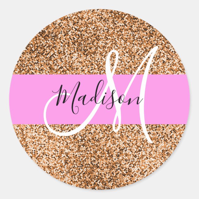 Chic Pink & Pumpkin Glitter Sparkles Monogram Name Classic Round Sticker (Front)