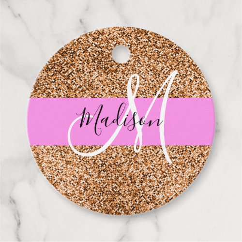 Chic Pink  Pumpkin Glitter Sparkles Monogram Name Favor Tags