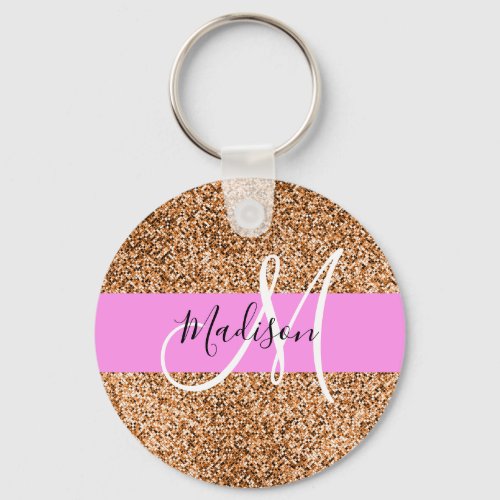 Chic Pink  Pumpkin Glitter Sparkles Monogram Name Keychain