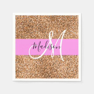 Chic Pink & Pumpkin Glitter Sparkles Monogram Name Napkins