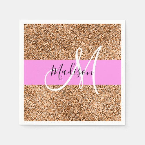 Chic Pink  Pumpkin Glitter Sparkles Monogram Name Napkins