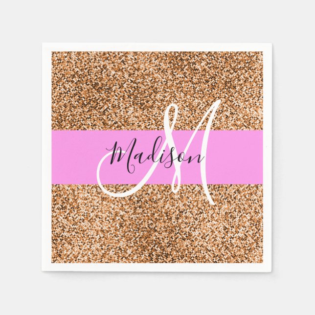 Chic Pink & Pumpkin Glitter Sparkles Monogram Name Napkins (Front)