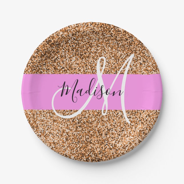 Chic Pink & Pumpkin Glitter Sparkles Monogram Name Paper Plates (Front)