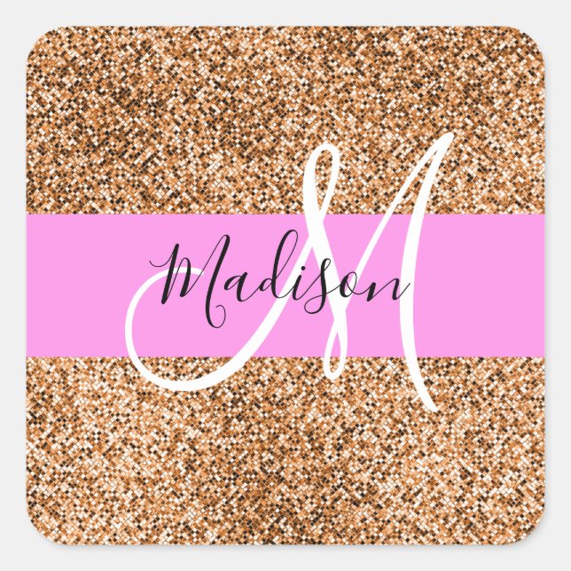 Chic Pink & Pumpkin Glitter Sparkles Monogram Name Square Sticker (Front)