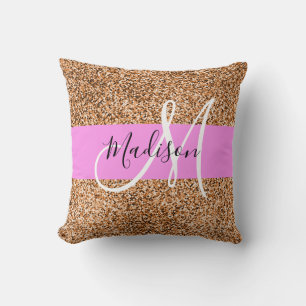Chic Pink & Pumpkin Glitter Sparkles Monogram Name Throw Pillow